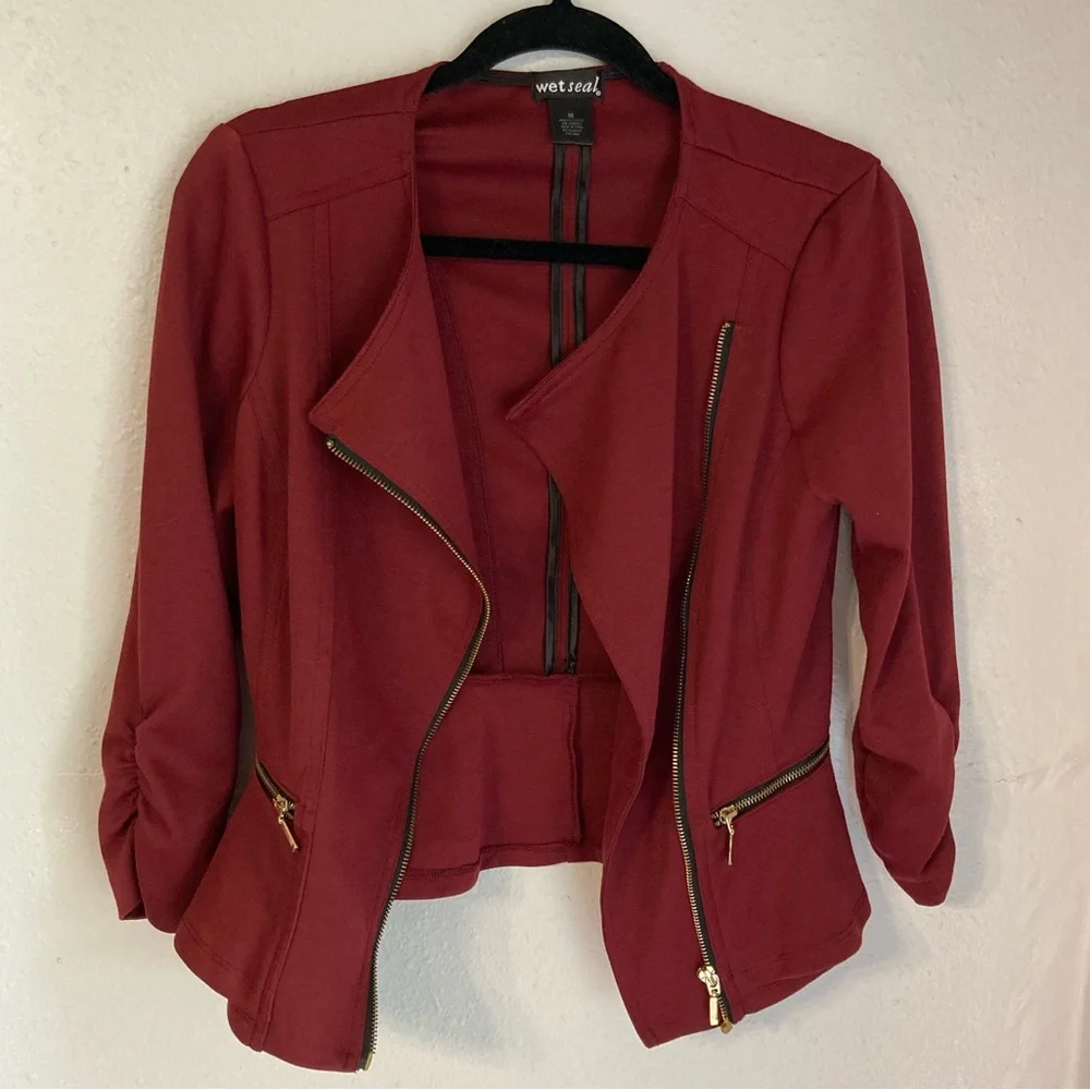 Wet Seal Red Blazer Asymmetrical Zipper Cropped - Picture 3 of 6